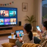 Abonnés d'Atlas Pro en famille regardant une émission sur écran TV, ambiance chaleureuse.