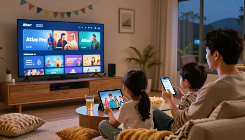 Abonnés d'Atlas Pro en famille regardant une émission sur écran TV, ambiance chaleureuse.