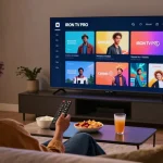 Vision moderne de l'application IRON TV PRO sur un téléviseur, montrant une expérience de streaming confortable.