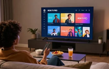 Vision moderne de l'application IRON TV PRO sur un téléviseur, montrant une expérience de streaming confortable.