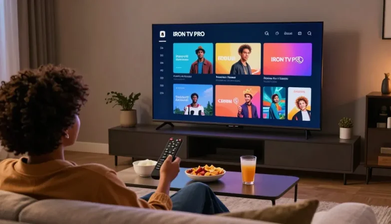 Vision moderne de l'application IRON TV PRO sur un téléviseur, montrant une expérience de streaming confortable.